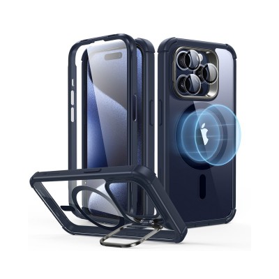 Husa iPhone 15 Pro Max, Esr 360 Tough Armor Cu Functie Magsafe, Protectie Si Stand La Camera, Blue
